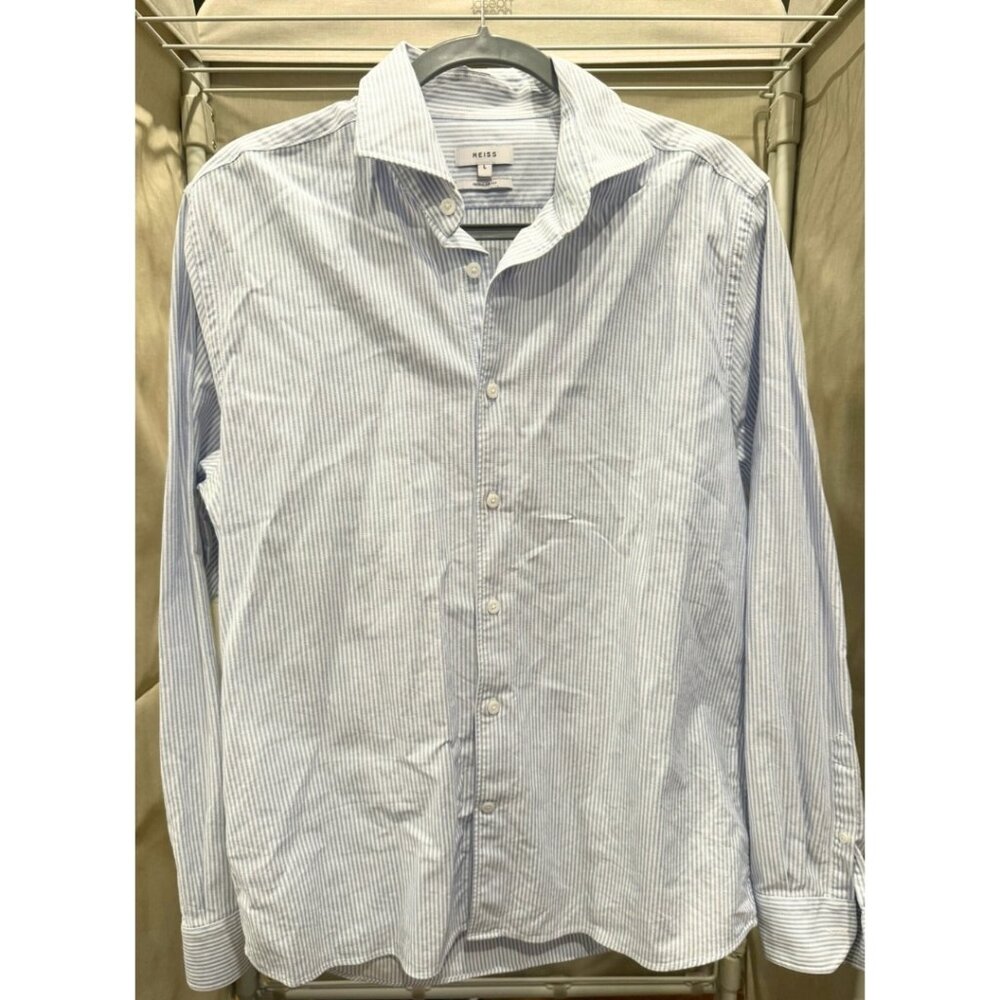 Reiss Mens Blue and White Striped Button Up, Long Sleeve, Large